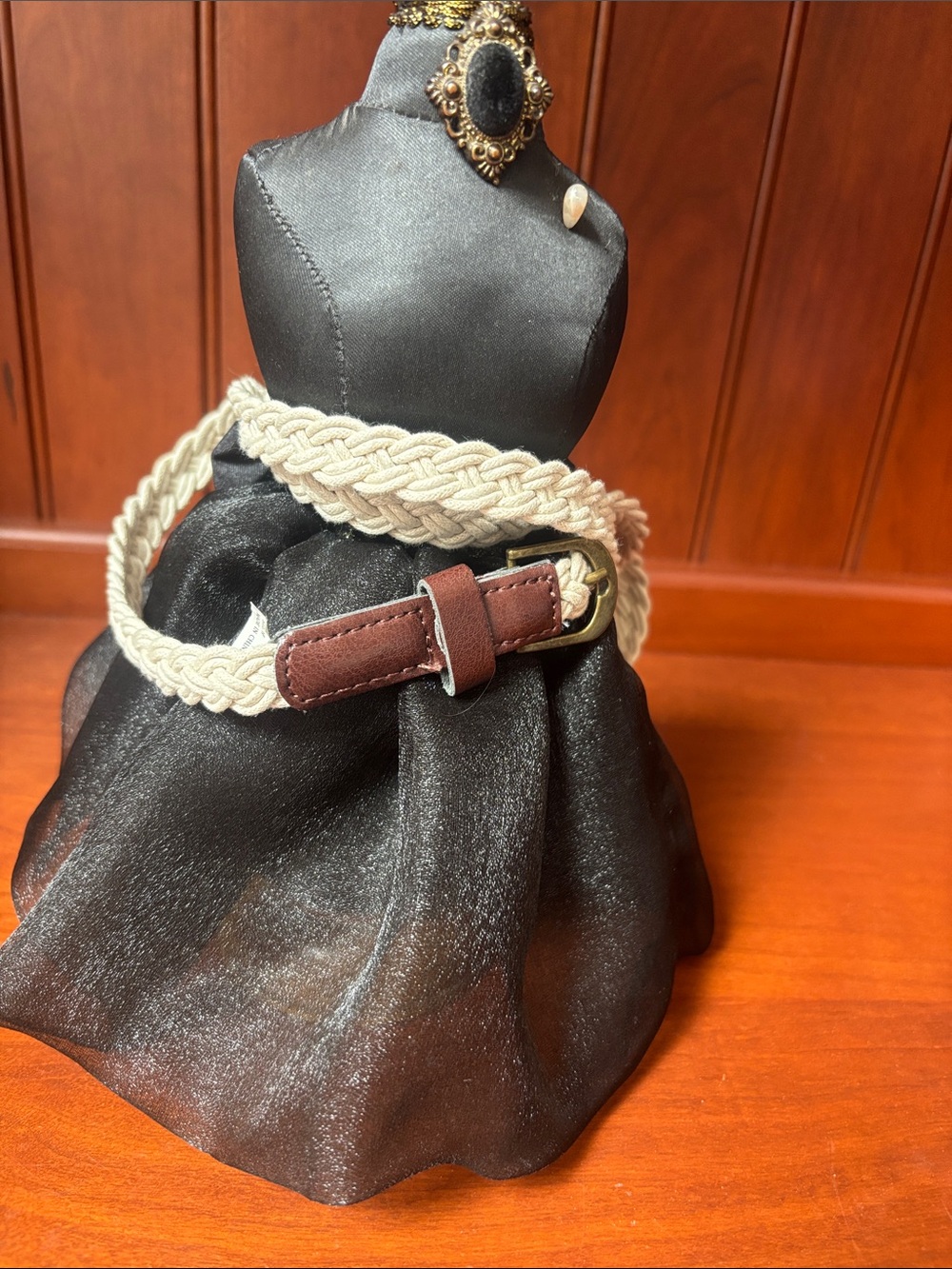 off-white braided skinny belt with a brown faux-leather buckle accent and a gold